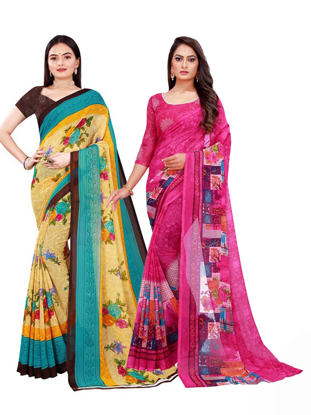 

SAADHVI Yellow & Pink Floral Pure Georgette Saree