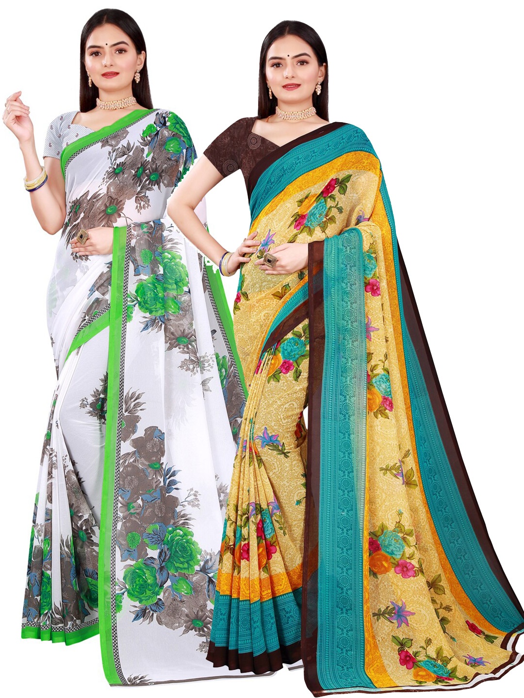 

SAADHVI Beige & Green Set of 2 Pure Georgette Saree