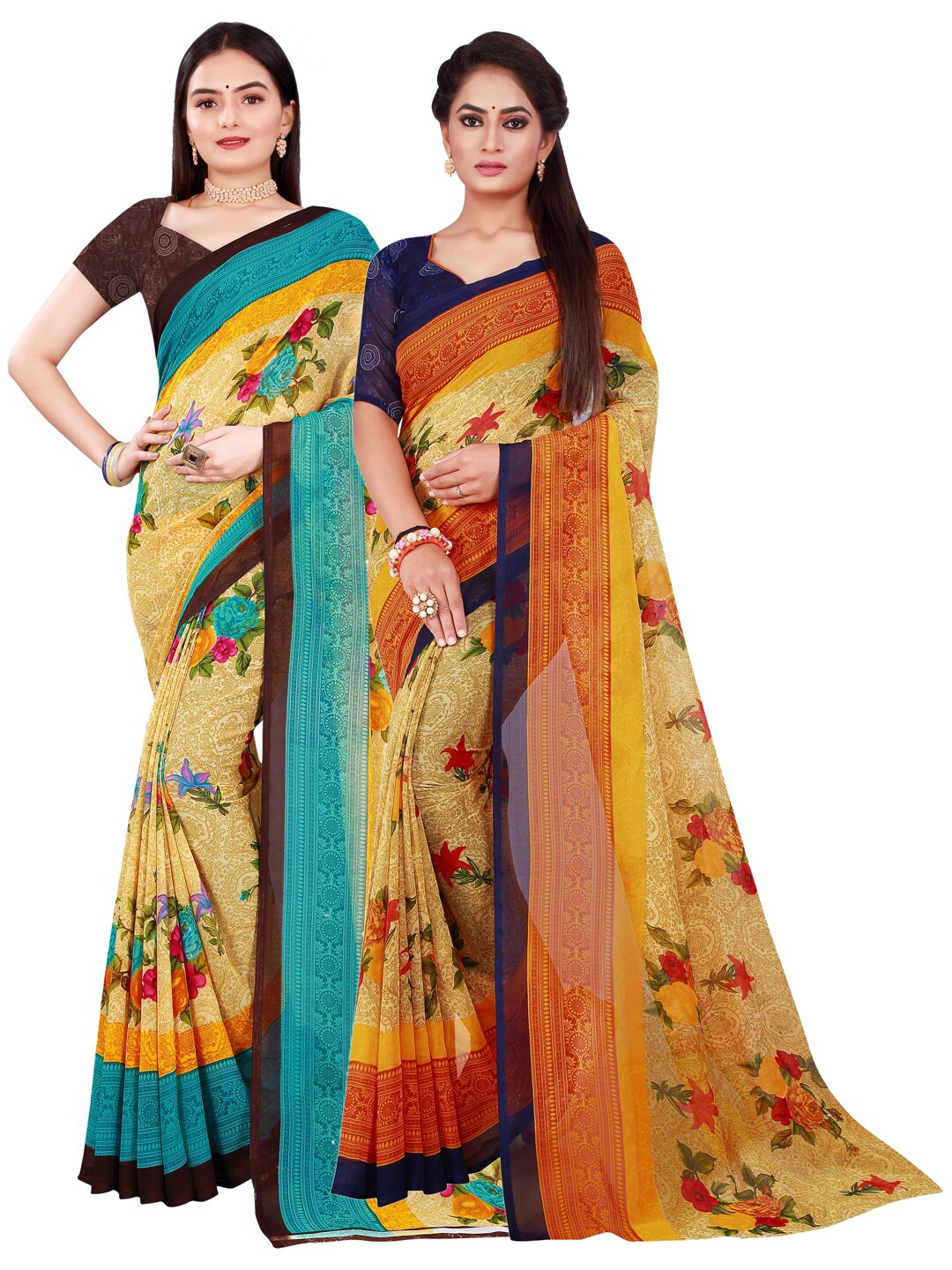

SAADHVI Pack of 2 Beige & Yellow Floral Pure Georgette Saree