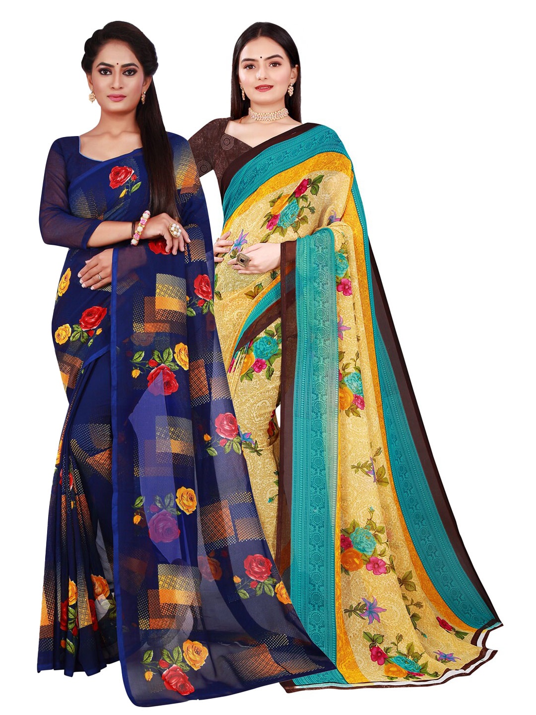 

SAADHVI Pack of 2 Beige & Blue Floral Pure Georgette Saree