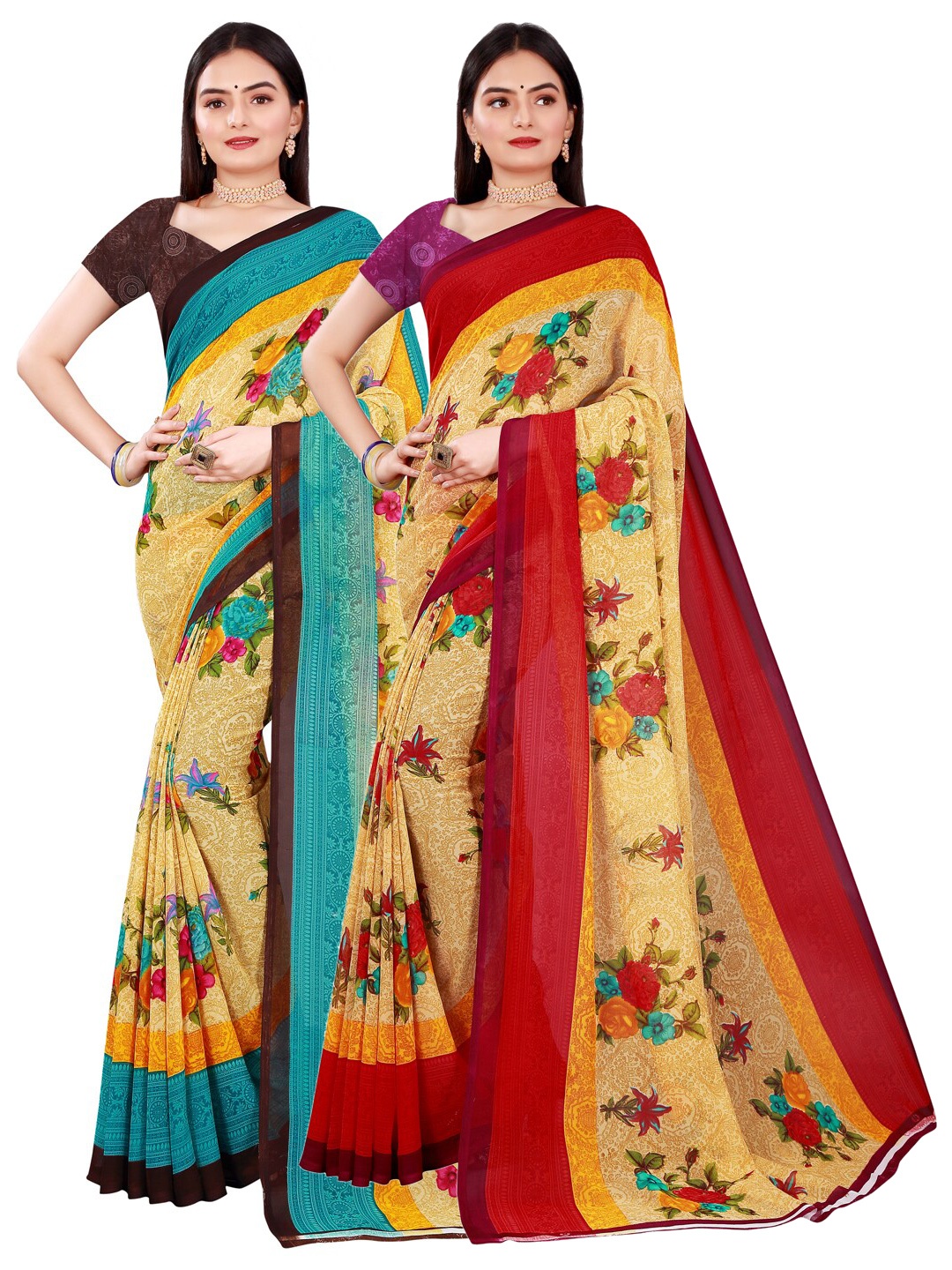 

SAADHVI Pack Of 2 Floral Pure Georgette Saree, Beige