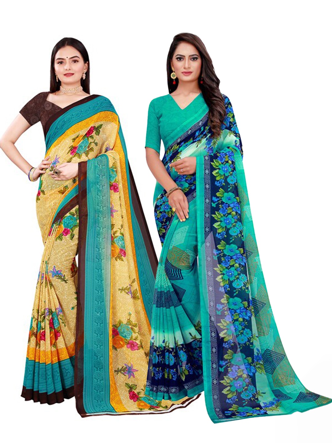 

SAADHVI Women's Georgette pack of 2 Beige And Rama Printed Combo Saree