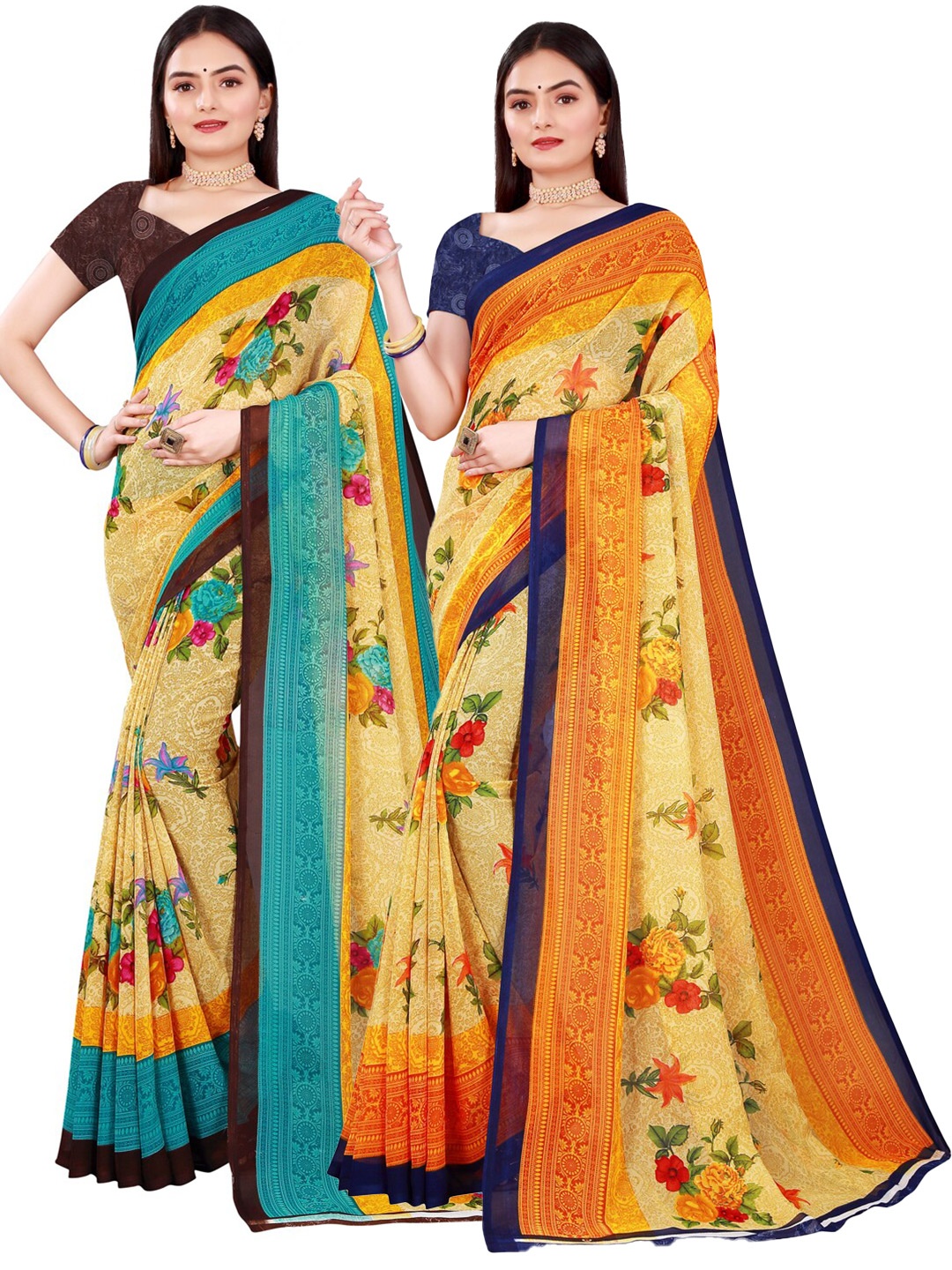 

SAADHVI Set Of 2 Beige & Yellow Pure Georgette Saree