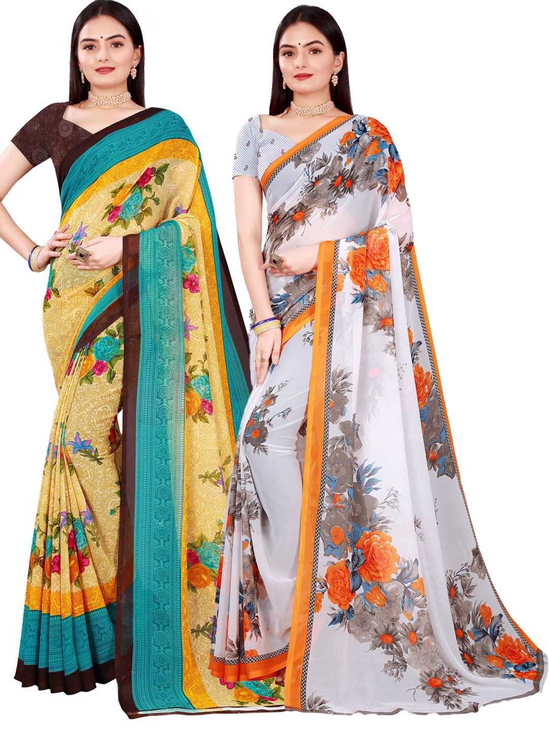 

SAADHVI Pack of 2 Beige & White Floral Pure Georgette Saree, Blue