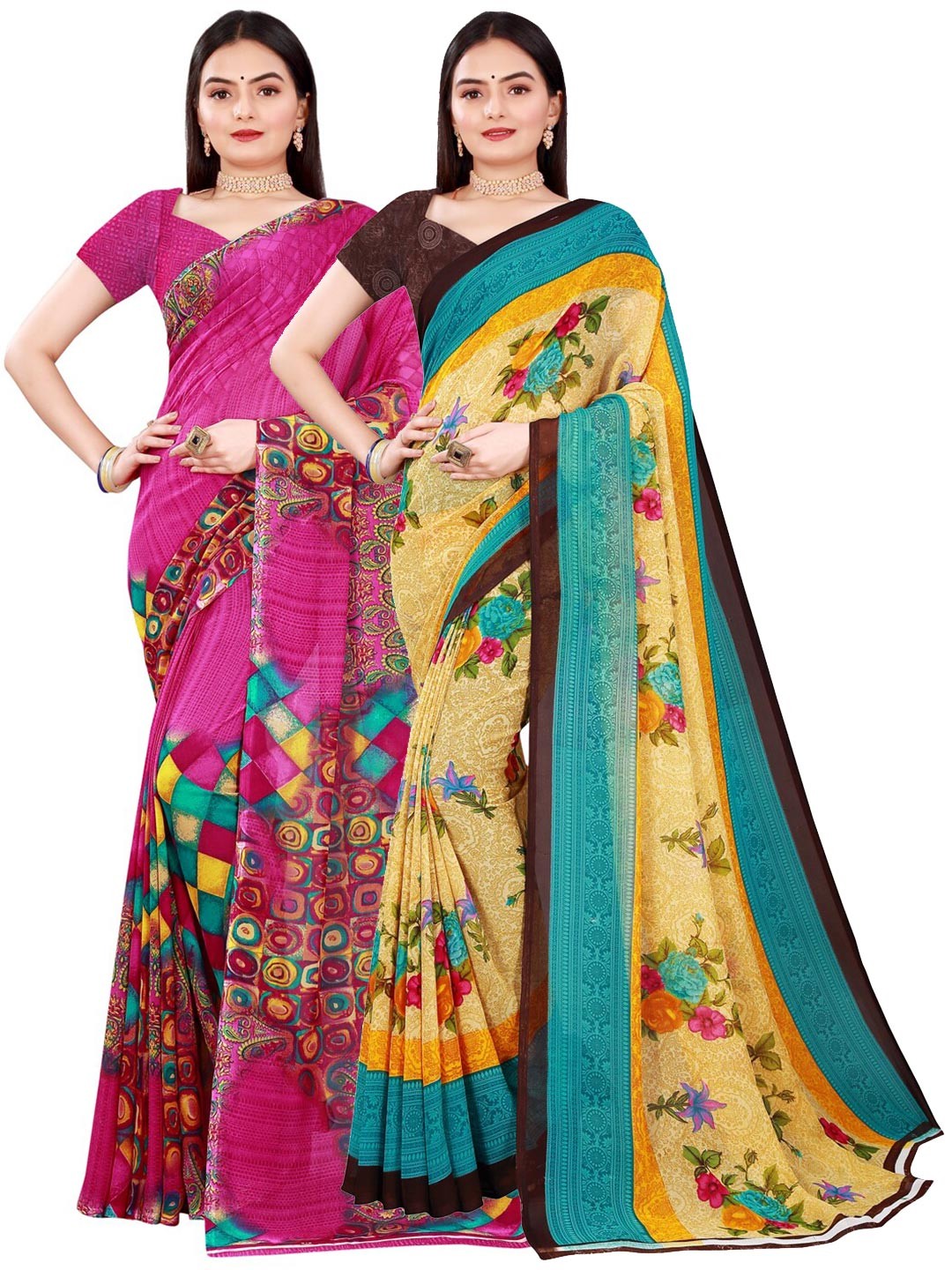 

SAADHVI Pack of 2 Beige & Blue Floral Pure Georgette Saree