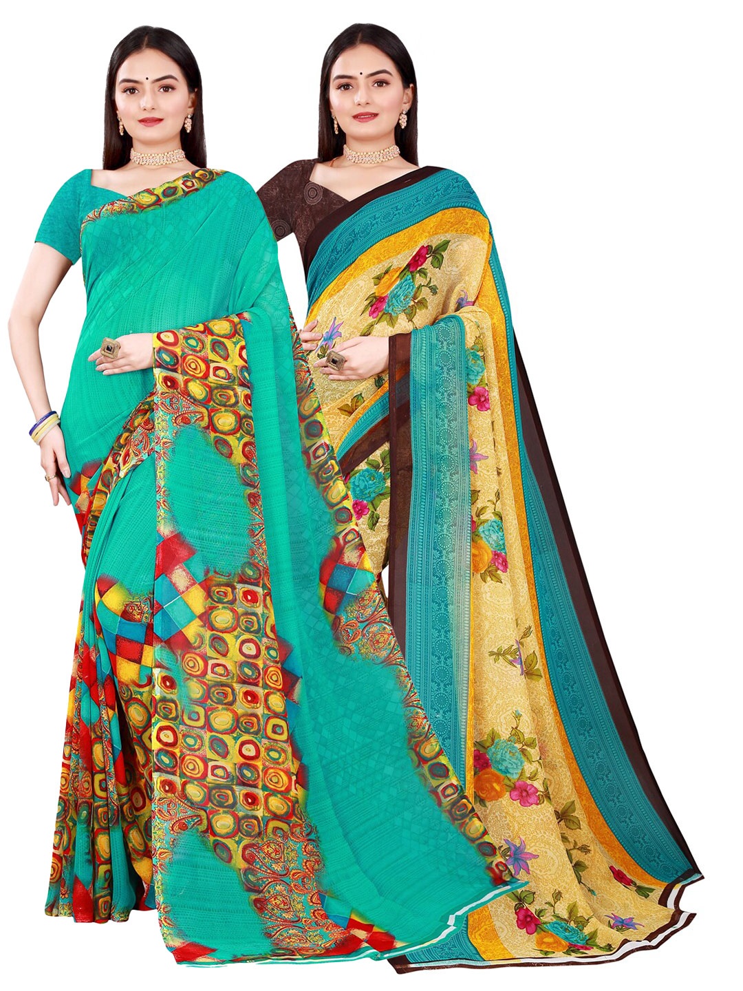 

SAADHVI Beige & Green Pack of 2 Printed Pure Georgette Saree