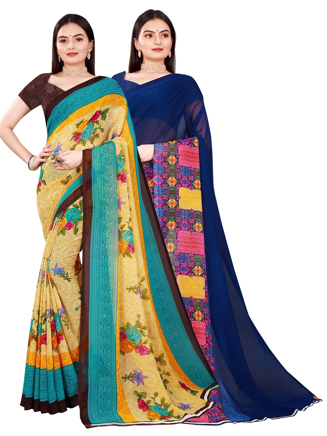 

SAADHVI Pack of 2 Beige & Navy Blue Floral Pure Georgette Saree