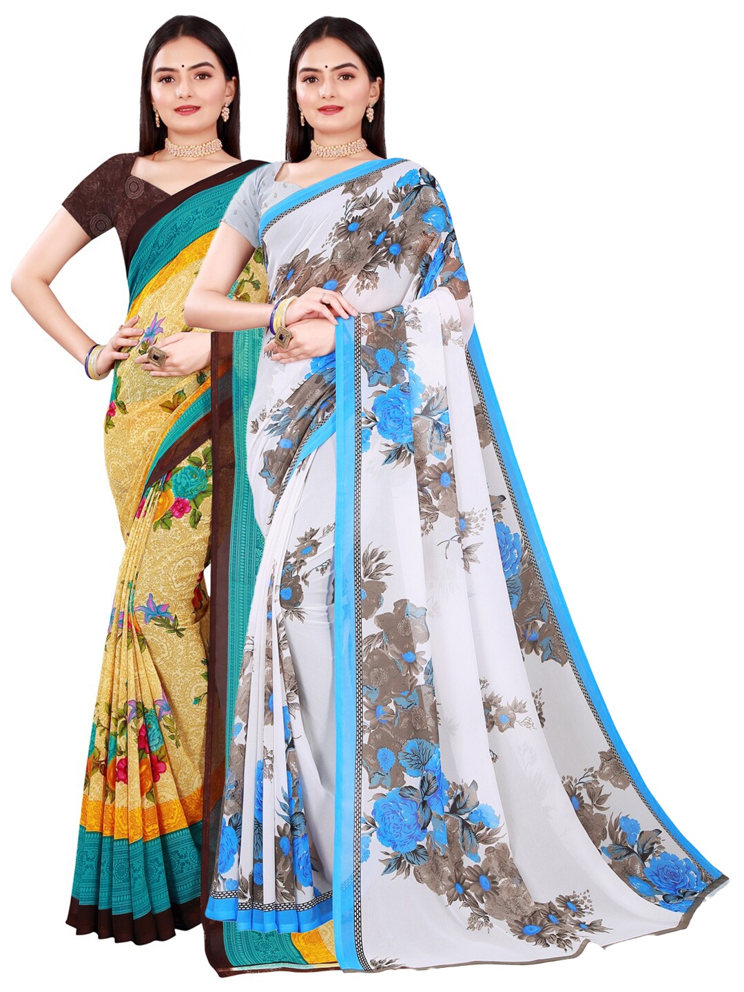 

SAADHVI Pack of 2 Beige & White Pure Georgette Sarees