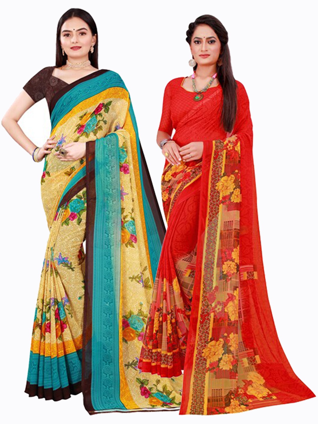 

SAADHVI Beige & Red Pack of 2 Floral Pure Georgette Saree