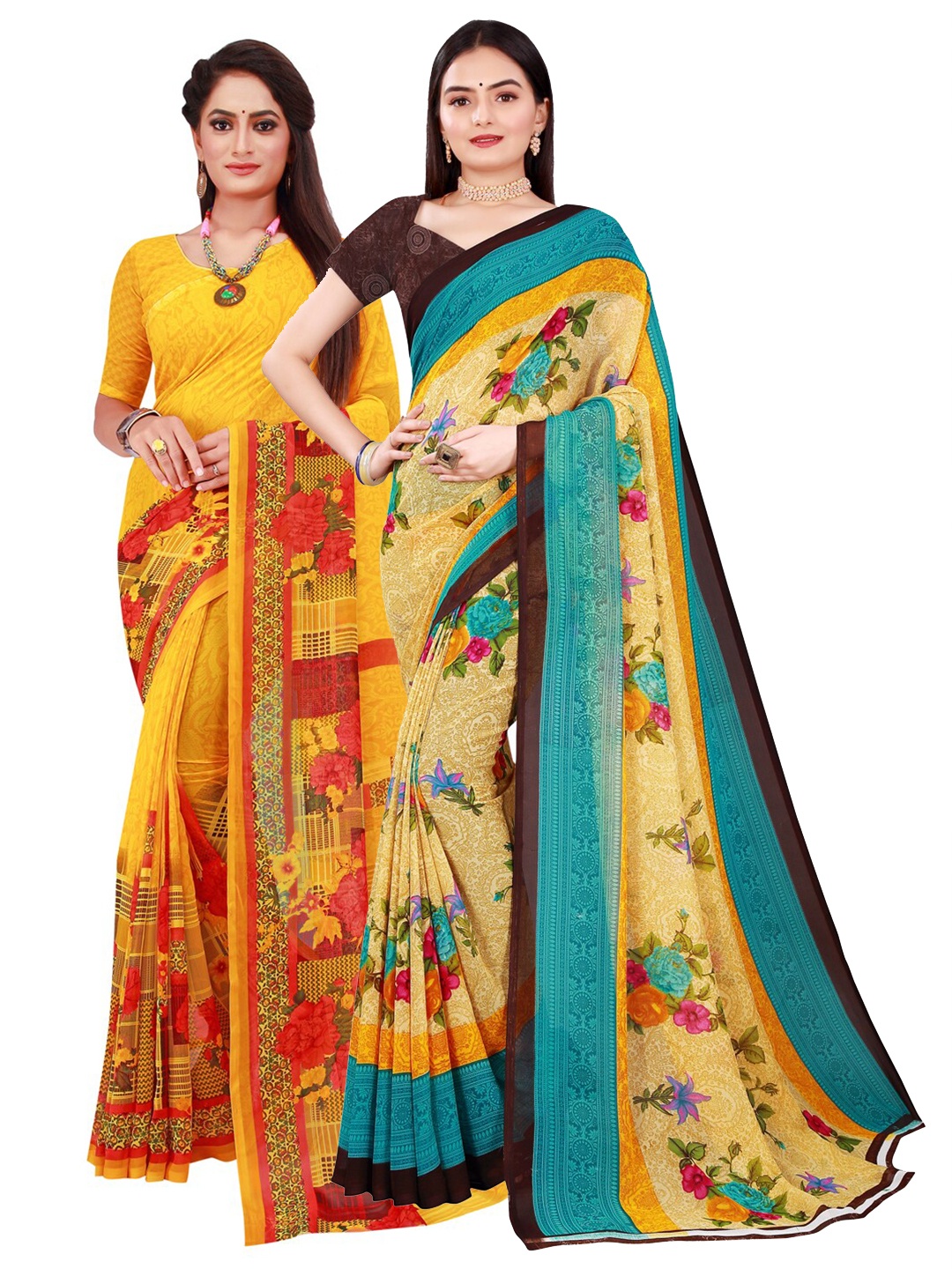 

SAADHVI Set Of 2 Beige & Yellow Floral Pure Georgette Saree