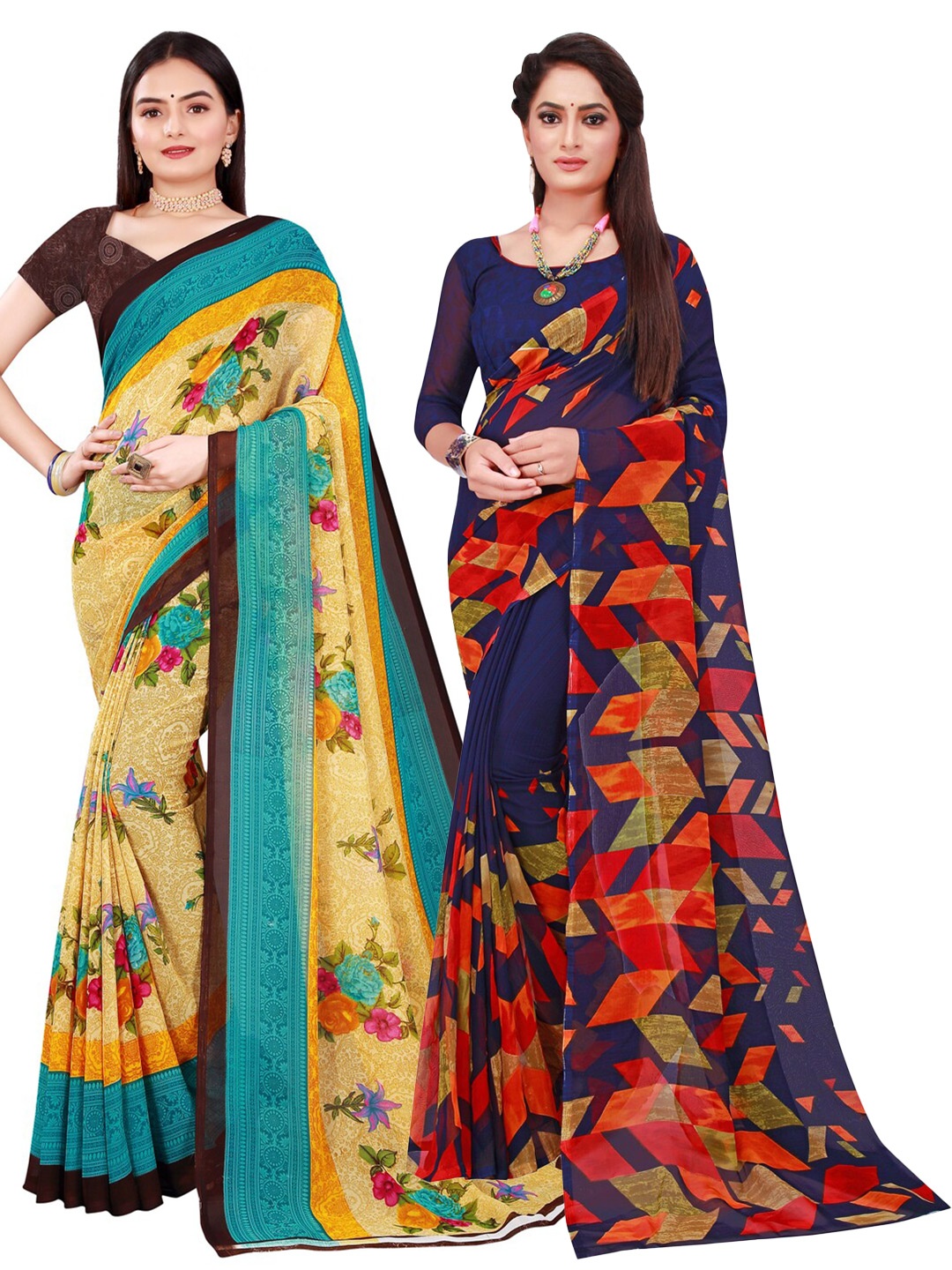 

SAADHVI Beige & Navy Blue Pure Georgette Saree