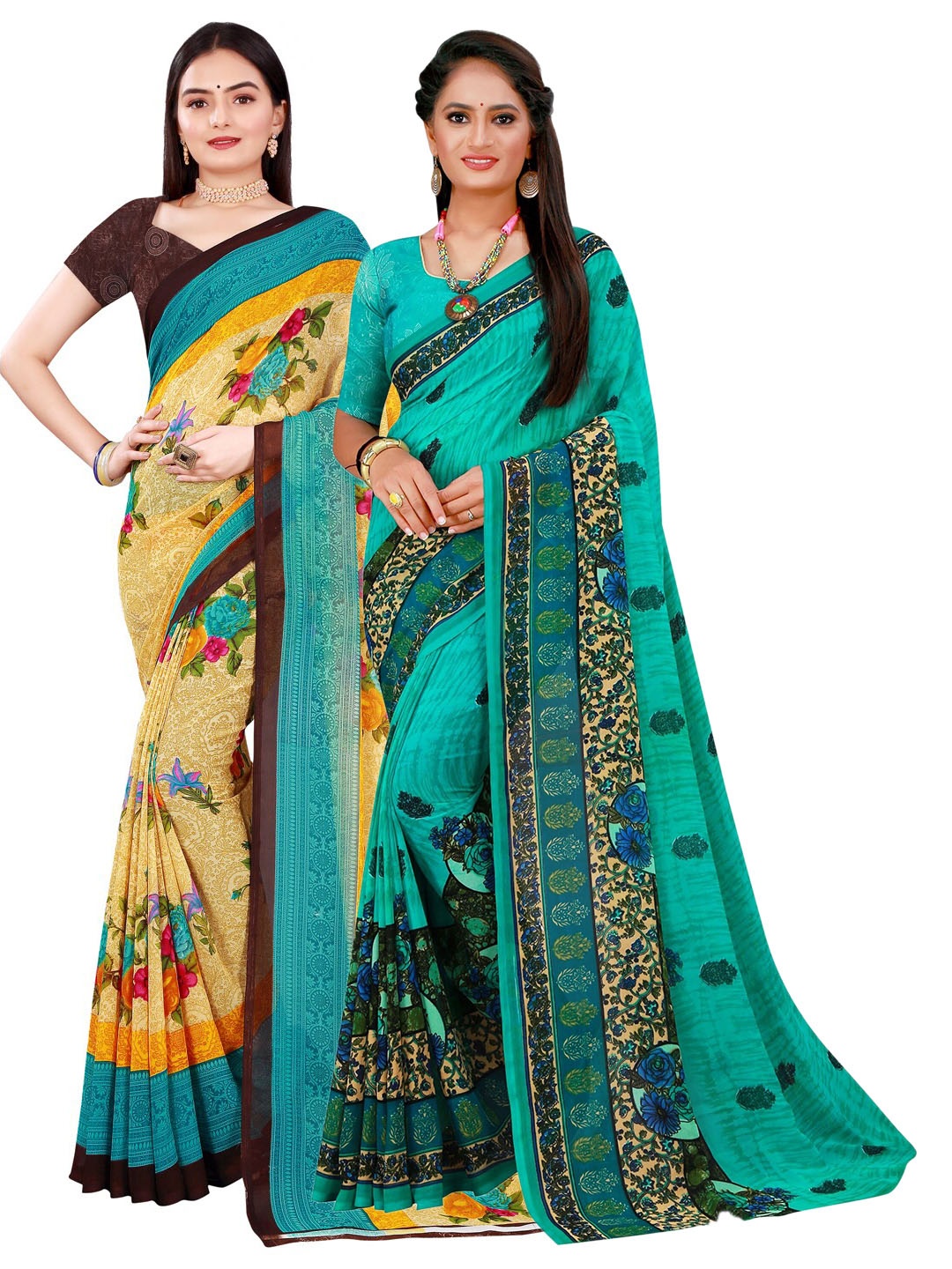 

SAADHVI Set Of 2 Sea Green & Beige Floral Pure Georgette Sarees