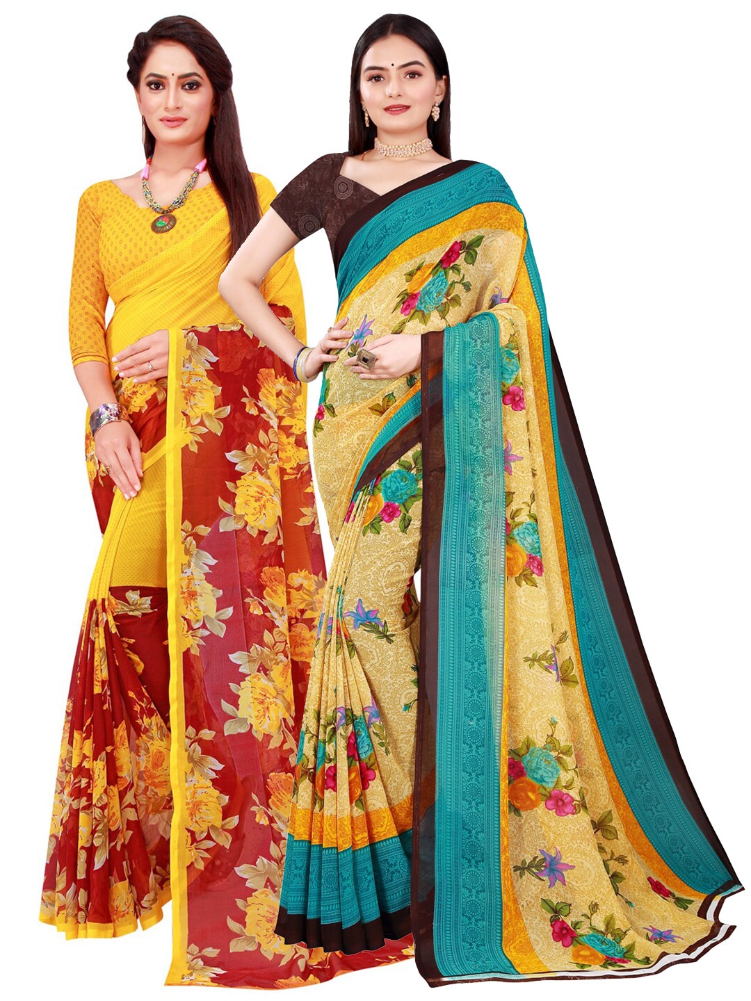 

SAADHVI Beige & Red Floral Pure Georgette Saree Pack of 2