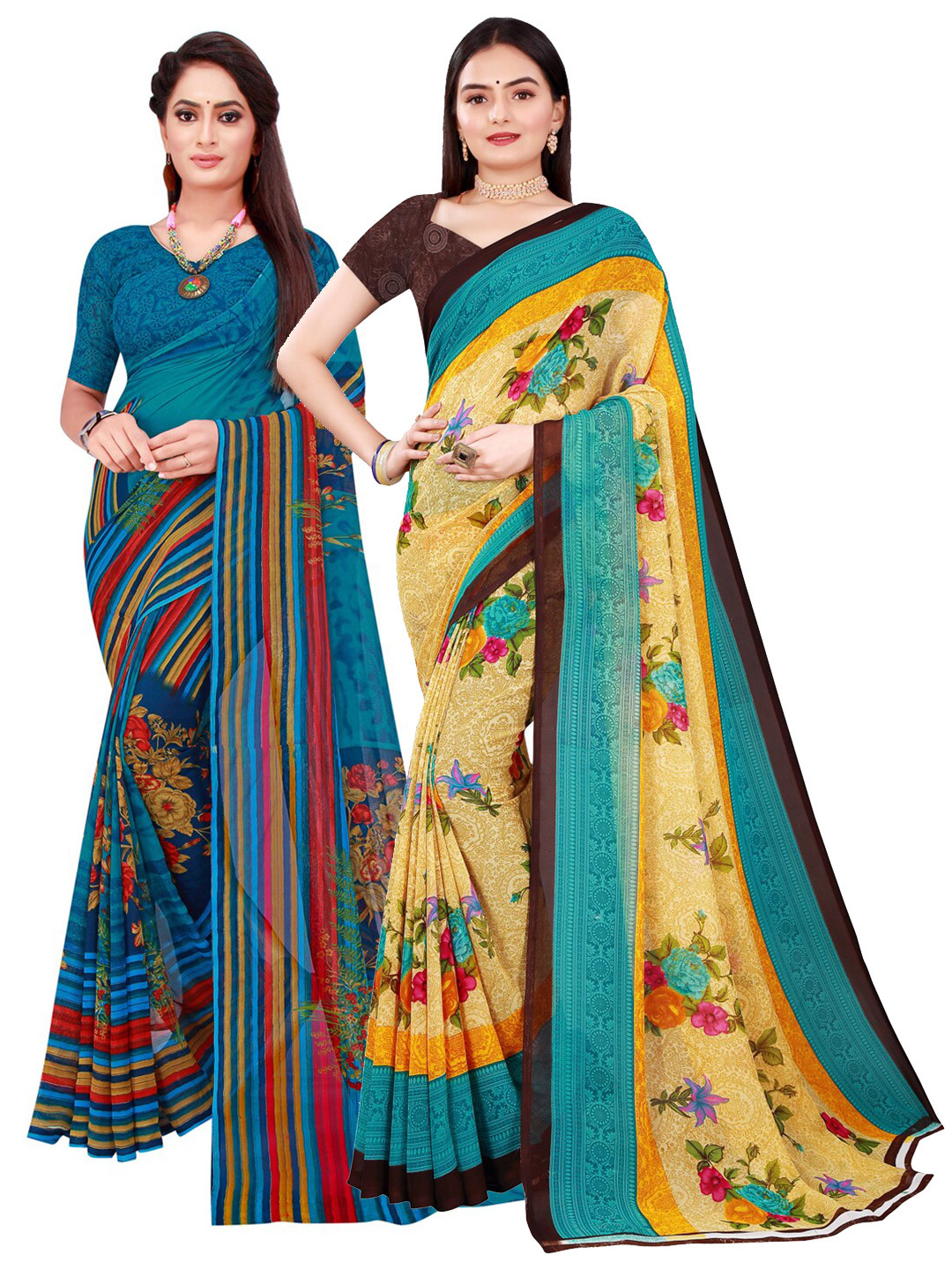 

SAADHVI Pack Of 2 Beige & Blue Floral Pure Georgette Saree