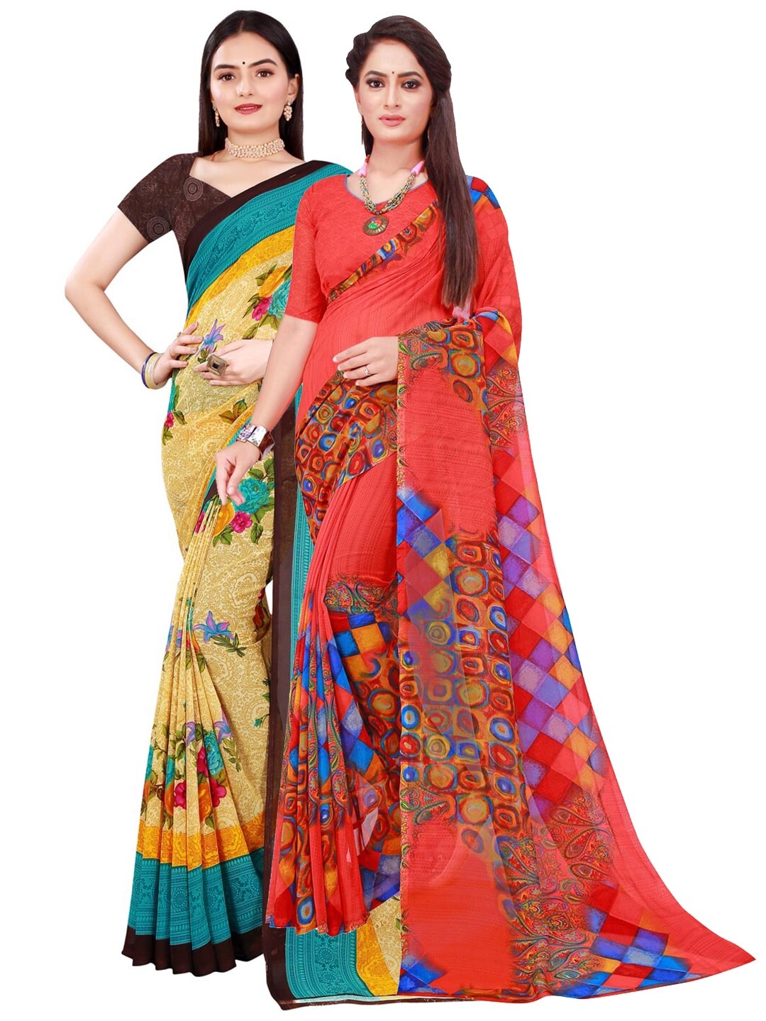 

SAADHVI Pack Of 2 Women Beige & Orange Floral Pure Georgette Saree