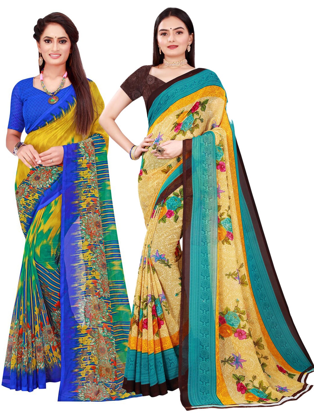 

SAADHVI Pack Of 2 Beige & Green Floral Pure Georgette Saree