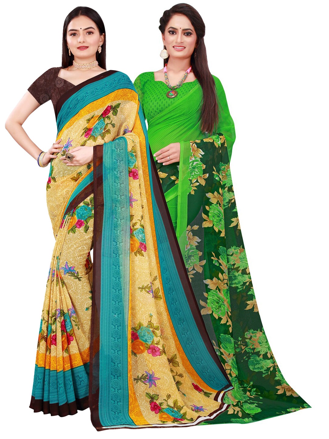 

SAADHVI Yellow & Green Floral Pure Georgette Saree