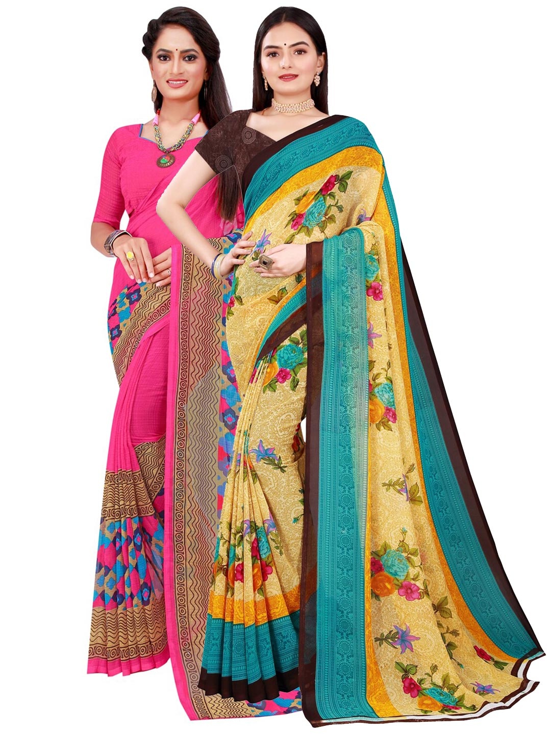 

SAADHVI Women Pack of 2 Beige & Pink Printed Pure Georgette Saree