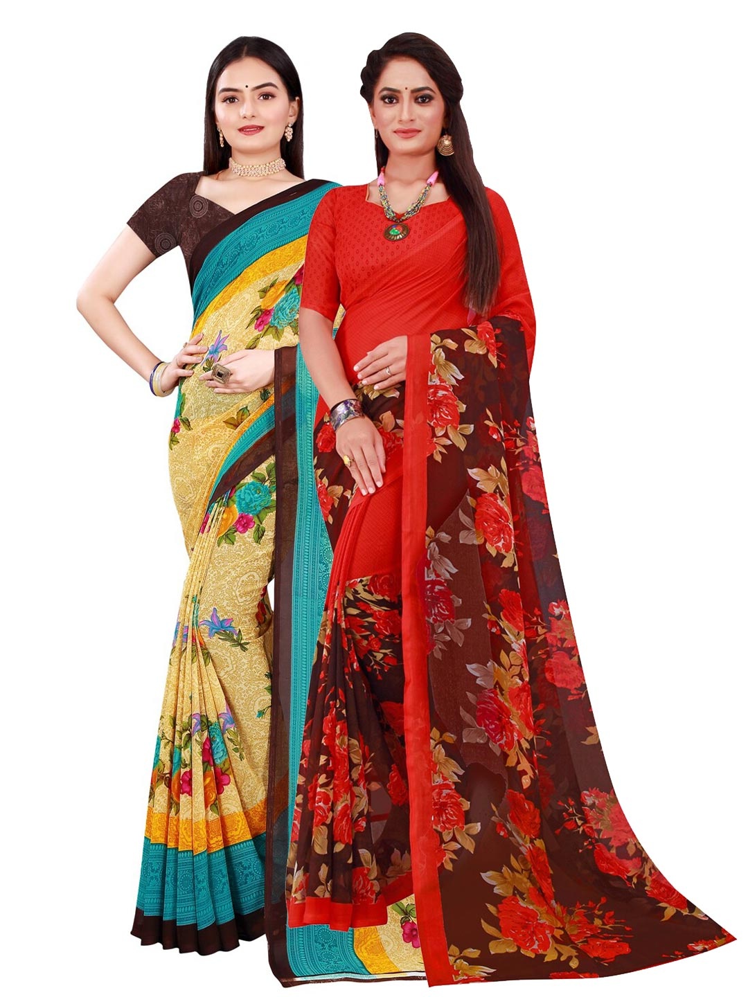 

SAADHVI Women Beige & Red Pure Set of 2 Georgette Saree
