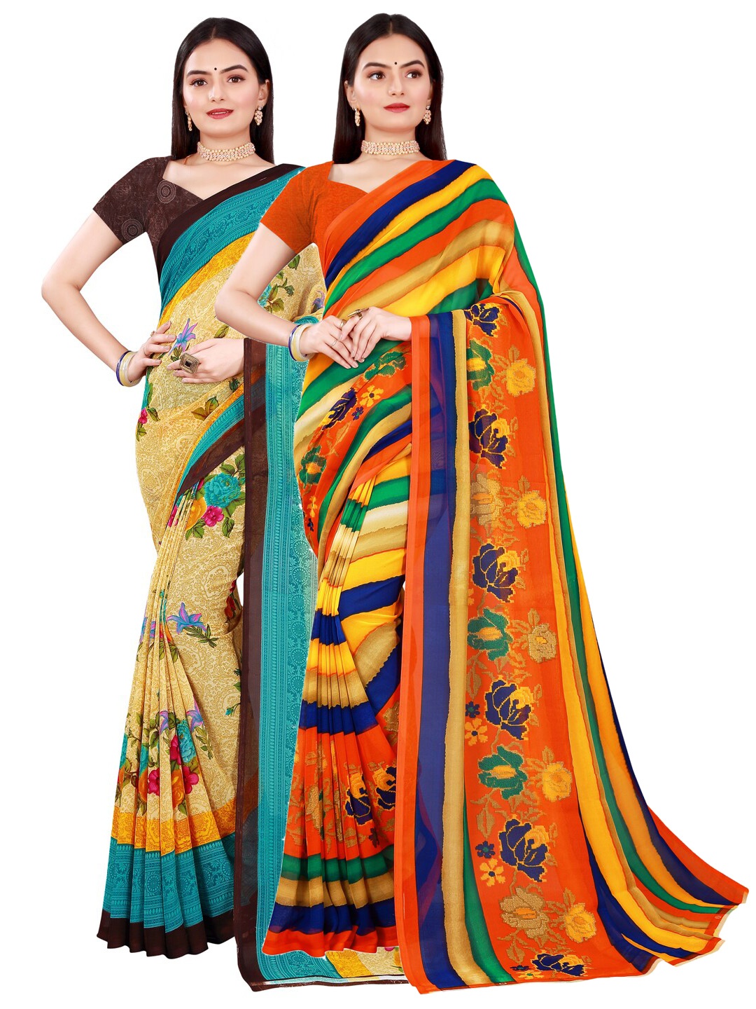 SAADHVI Pack of 2 Beige & Orange Floral Pure Georgette Saree