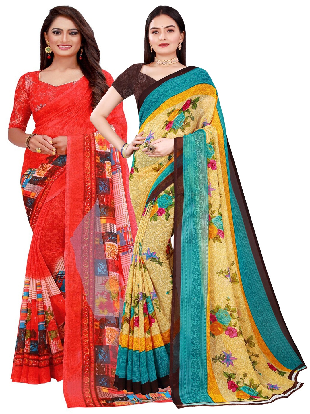 

SAADHVI Beige & Red 2 Floral Pure Georgette Saree