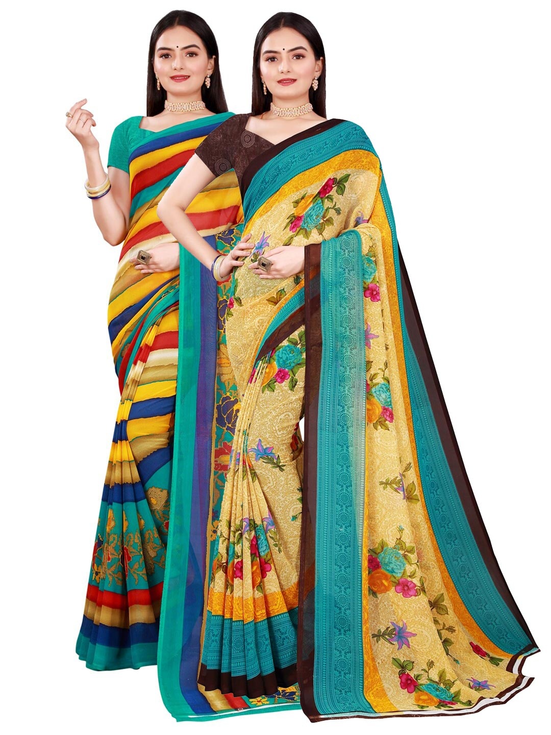 SAADHVI Pack of 2 Beige & Yellow Pure Georgette Saree