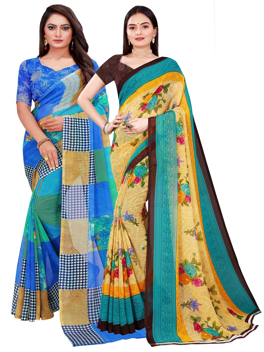 

SAADHVI Beige & Blue Floral Pure Georgette Saree