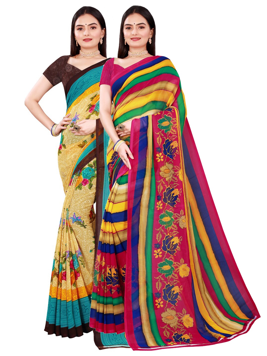 

SAADHVI Beige & Yellow Pure Georgette Saree