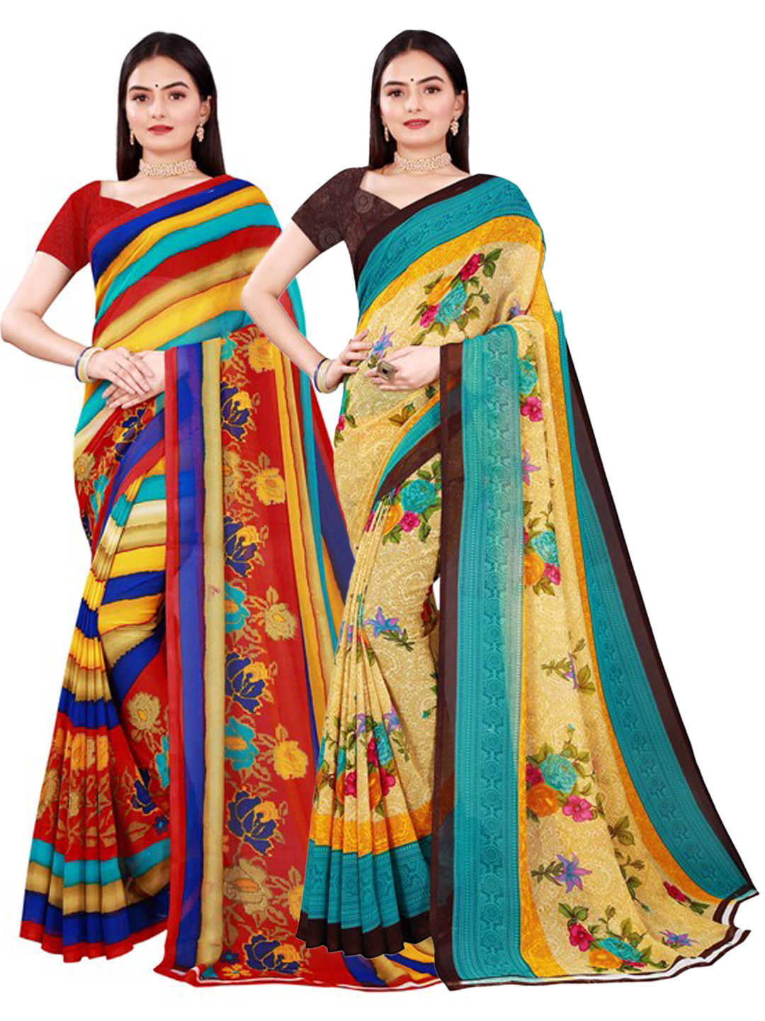 

SAADHVI Women Pack of 2 Multicolored Floral Pure Georgette Saree, Multi