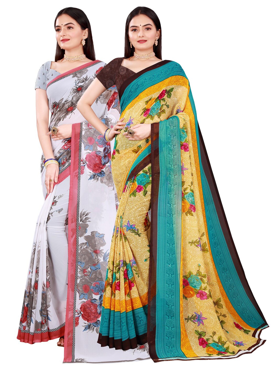 

SAADHVI Pack Of 2 Beige & White Pure Georgette Saree