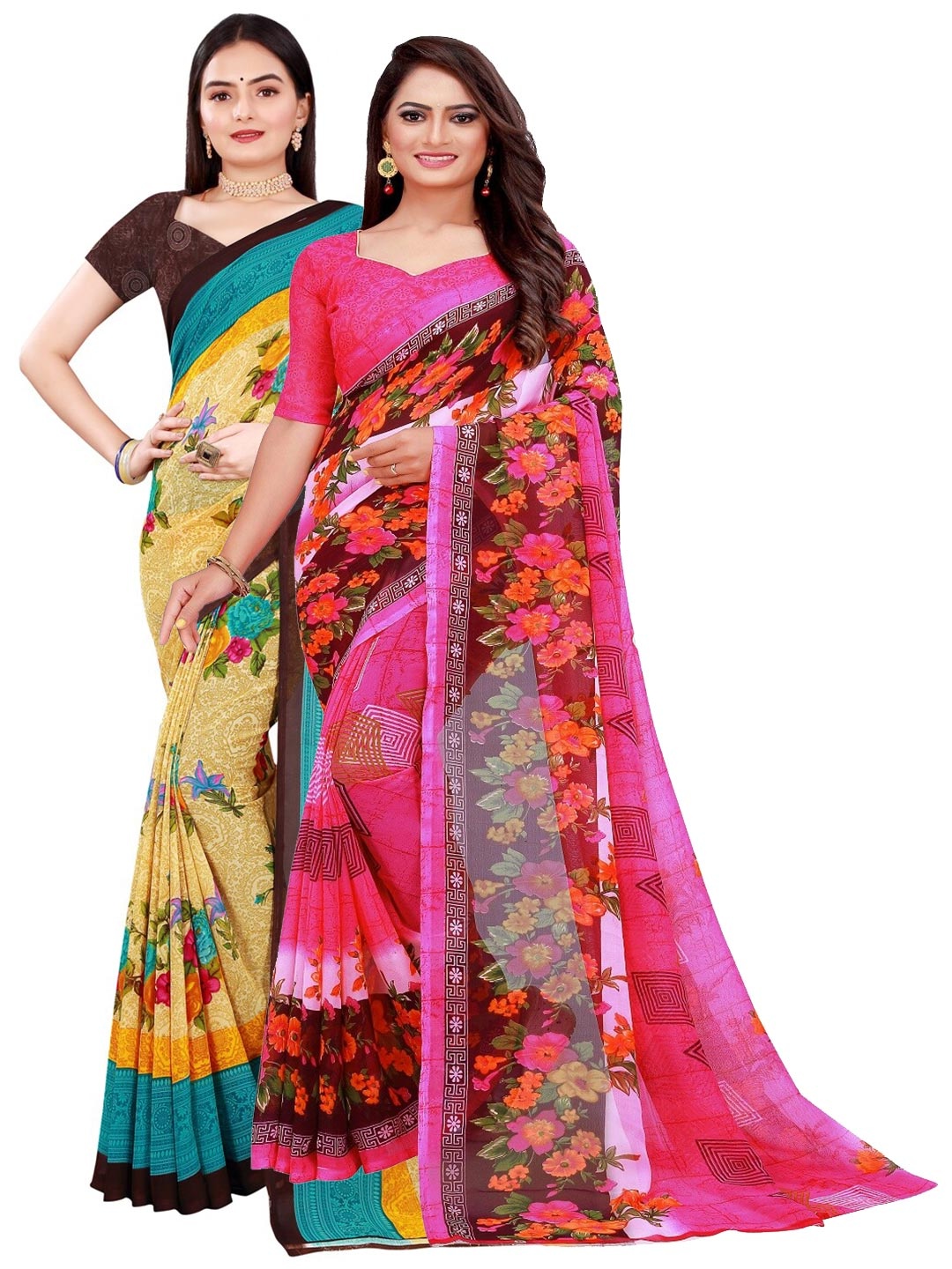

SAADHVI Pack of 2 Yellow & Pink Floral Pure Georgette Saree