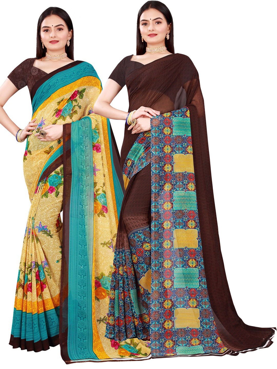 

SAADHVI Pack Of 2 Beige & Brown Printed Pure Georgette Saree With Unstitched Blouse Piece