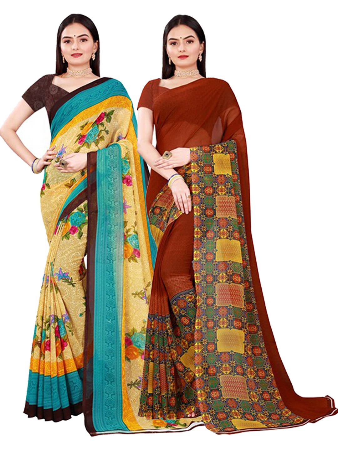 

SAADHVI Women Pack Of 2 Beige & Maroon Floral Pure Georgette Saree