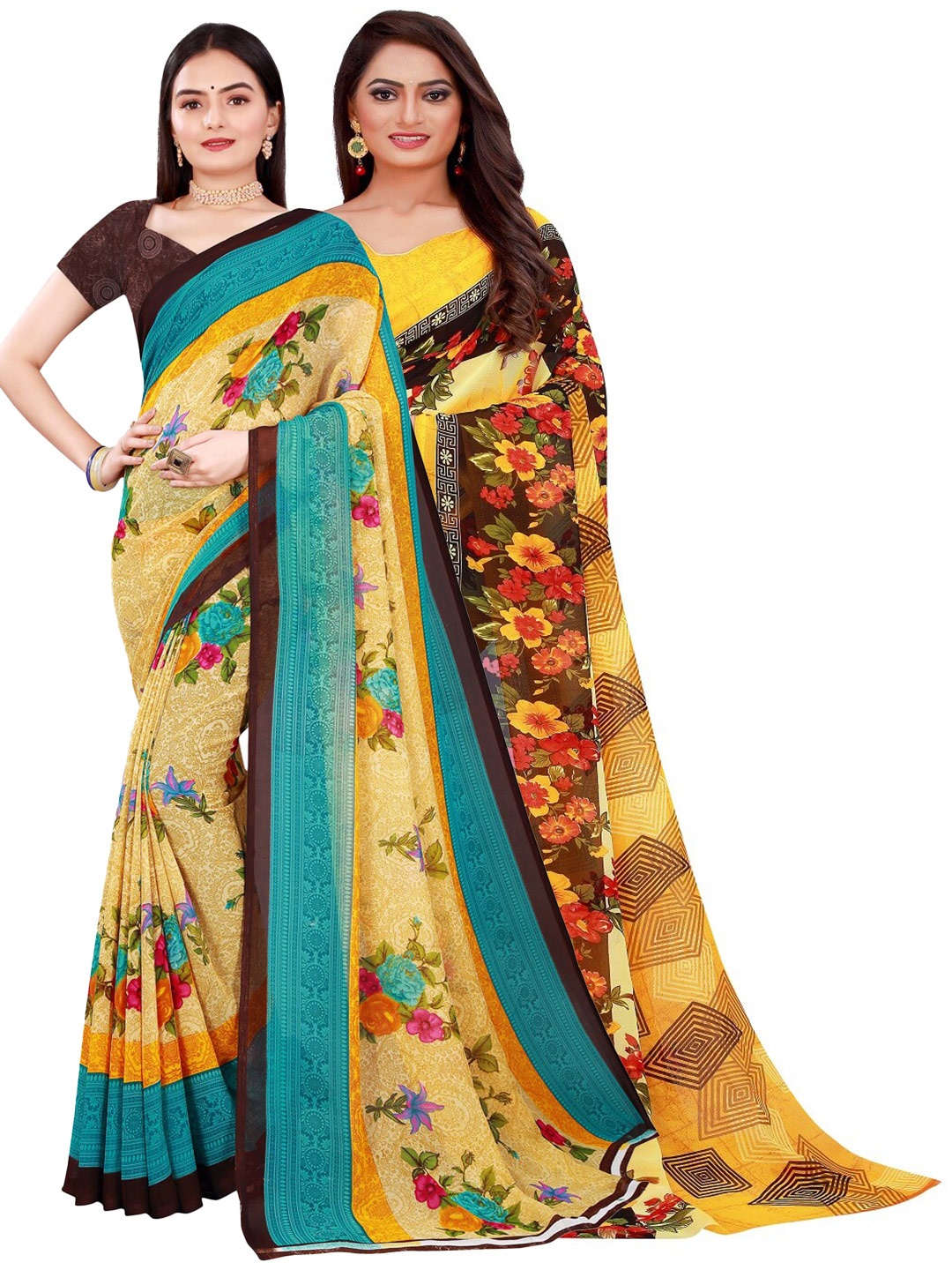 

SAADHVI Beige & Blue Pack of 2 Printed Pure Georgette Saree