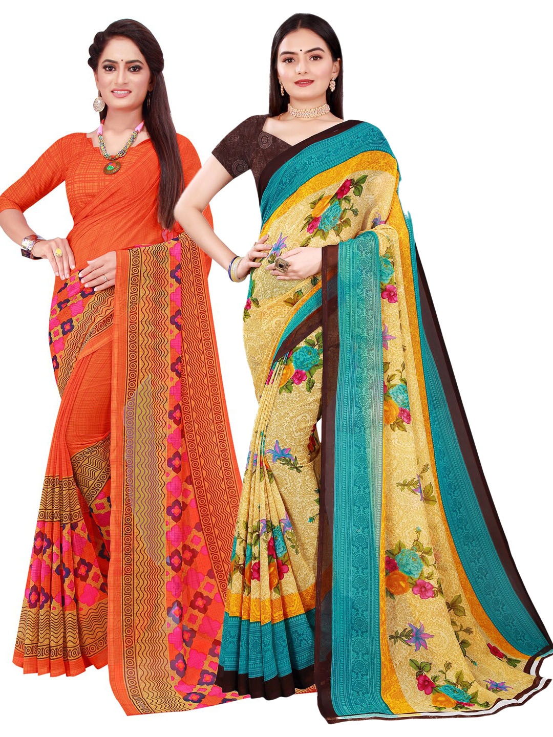 

SAADHVI Pack of 2 Beige & Red Floral Pure Georgette Saree