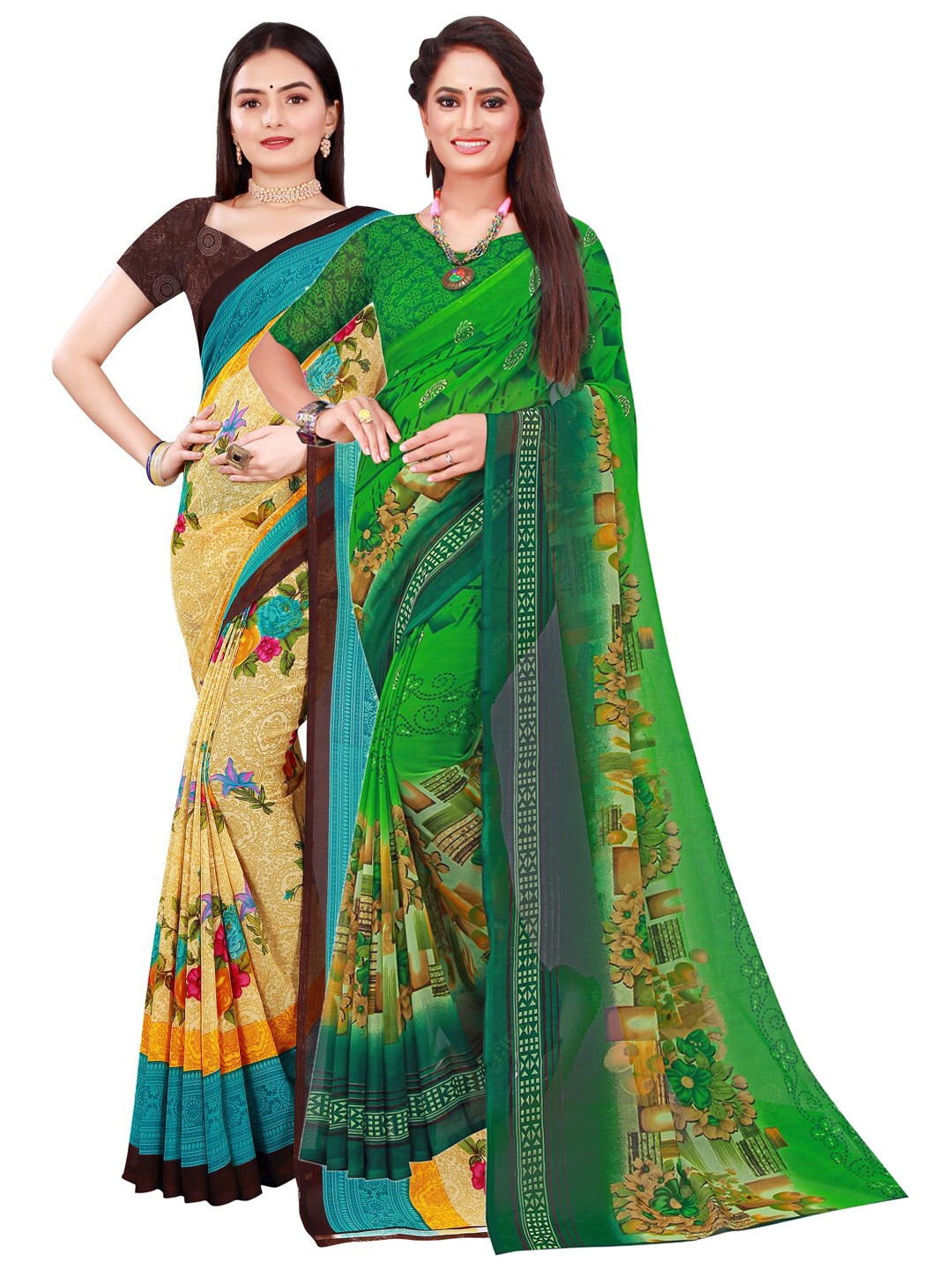 

SAADHVI Set Of 2 Beige & Green Floral Pure Georgette Saree