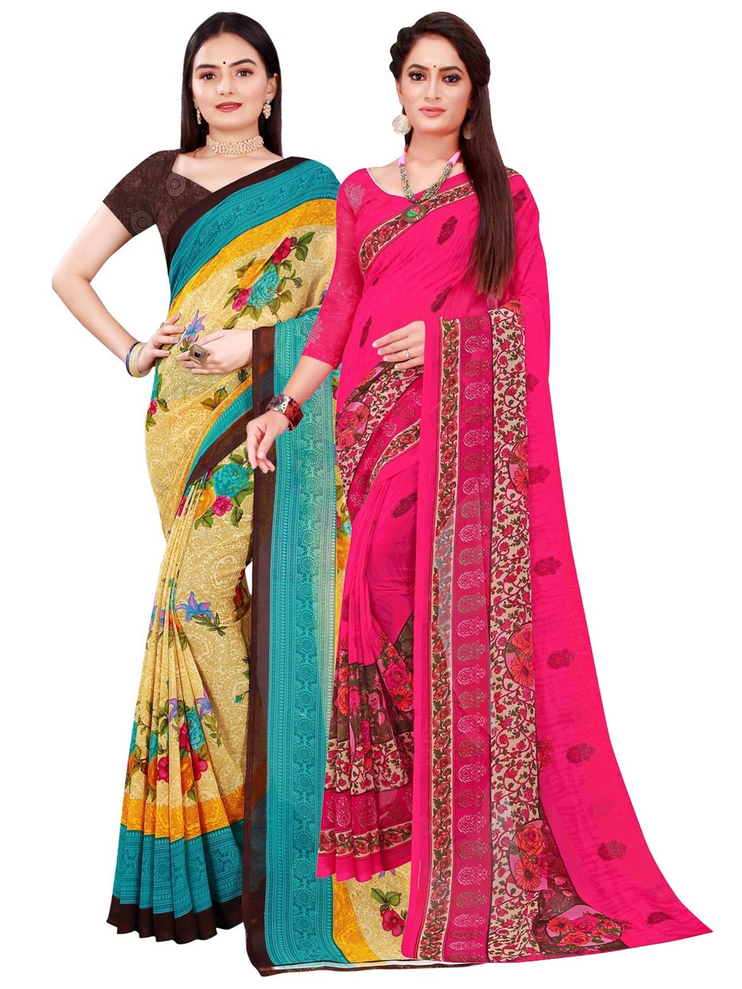 

SAADHVI Beige & Pink Pack of 2 Pure Georgette Saree