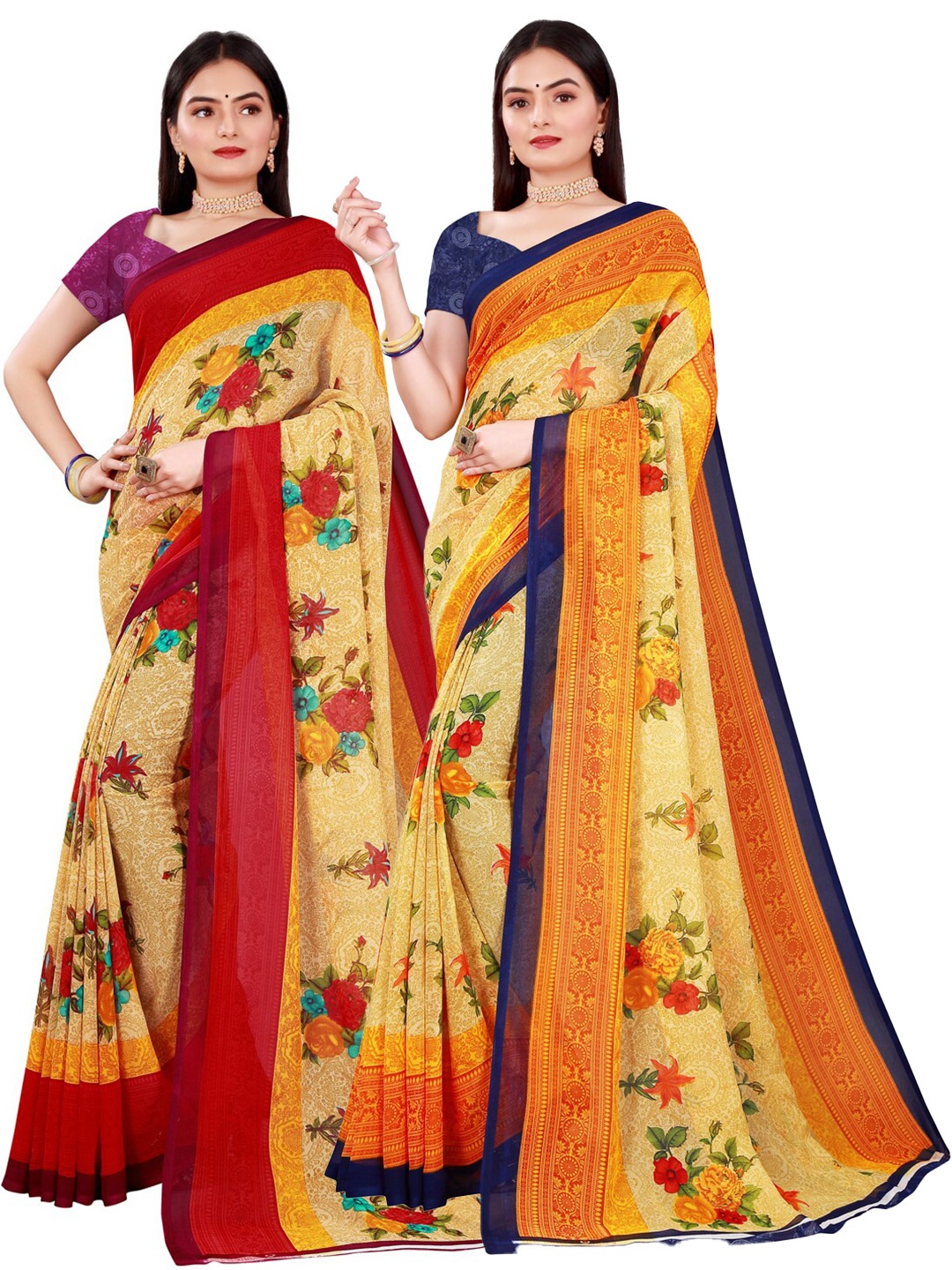 

SAADHVI Pack of 2 Beige & Yellow Floral Pure Georgette Saree