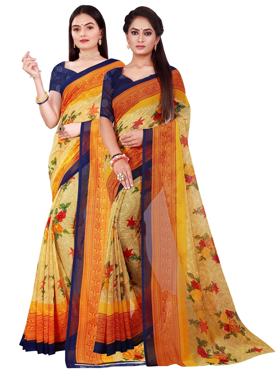 

SAADHVI Navy Blue & Yellow Floral Pure Georgette Saree