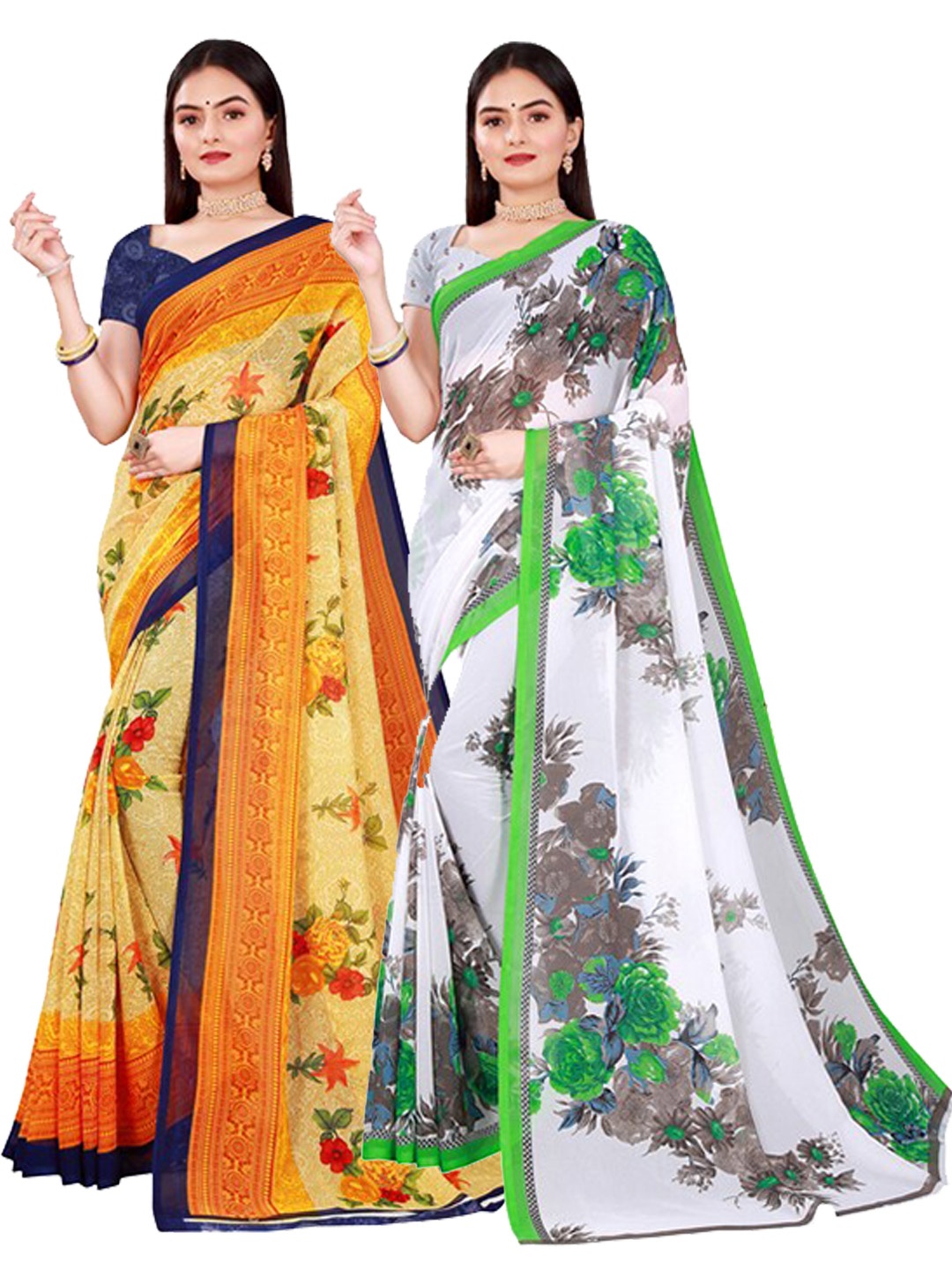 

SAADHVI Set Of 2 Beige & White Floral Pure Georgette Sarees
