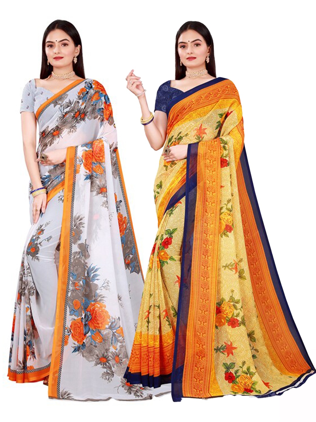 

SAADHVI Set Of 2 Beige & White Floral Pure Georgette Saree