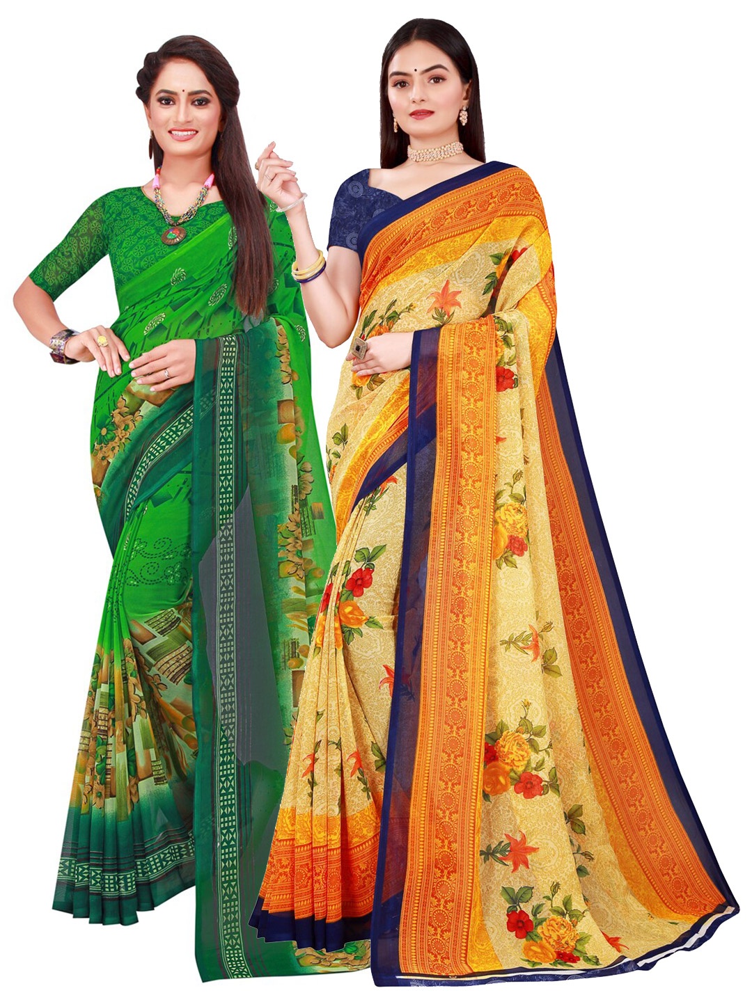 

SAADHVI Pack Of 2 Green & Beige Floral Pure Georgette Saree