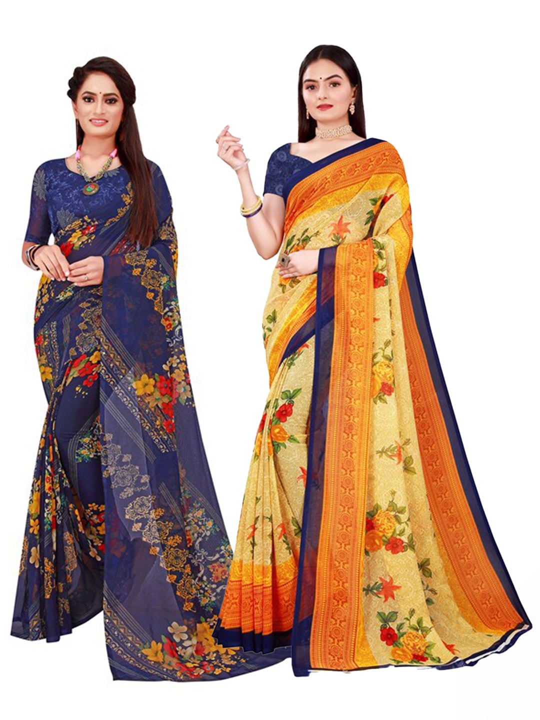 

SAADHVI Pack of 2 Beige & Blue Floral Pure Georgette Saree