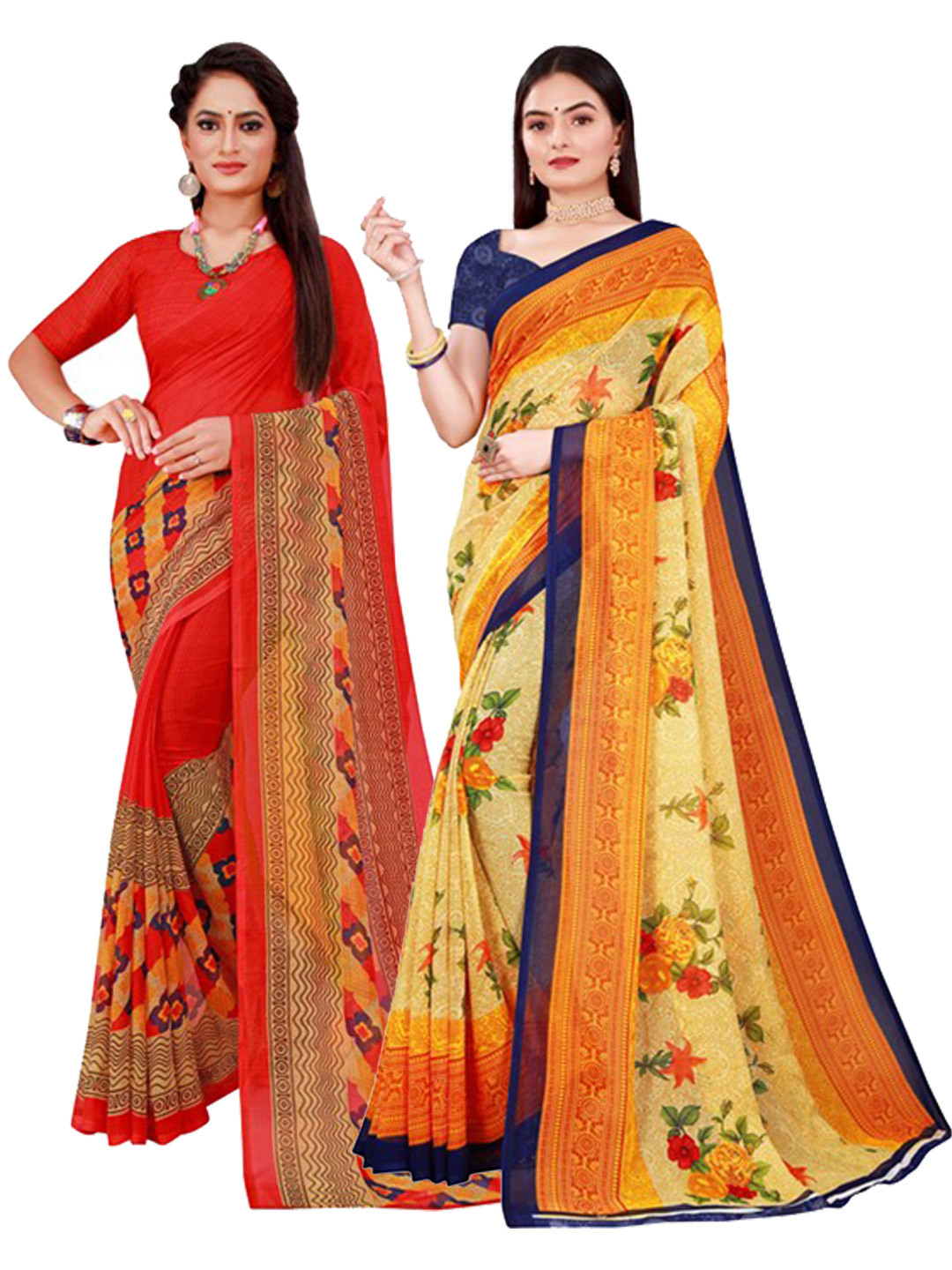 

SAADHVI Red & Beige Packof 2 Pure Georgette Saree
