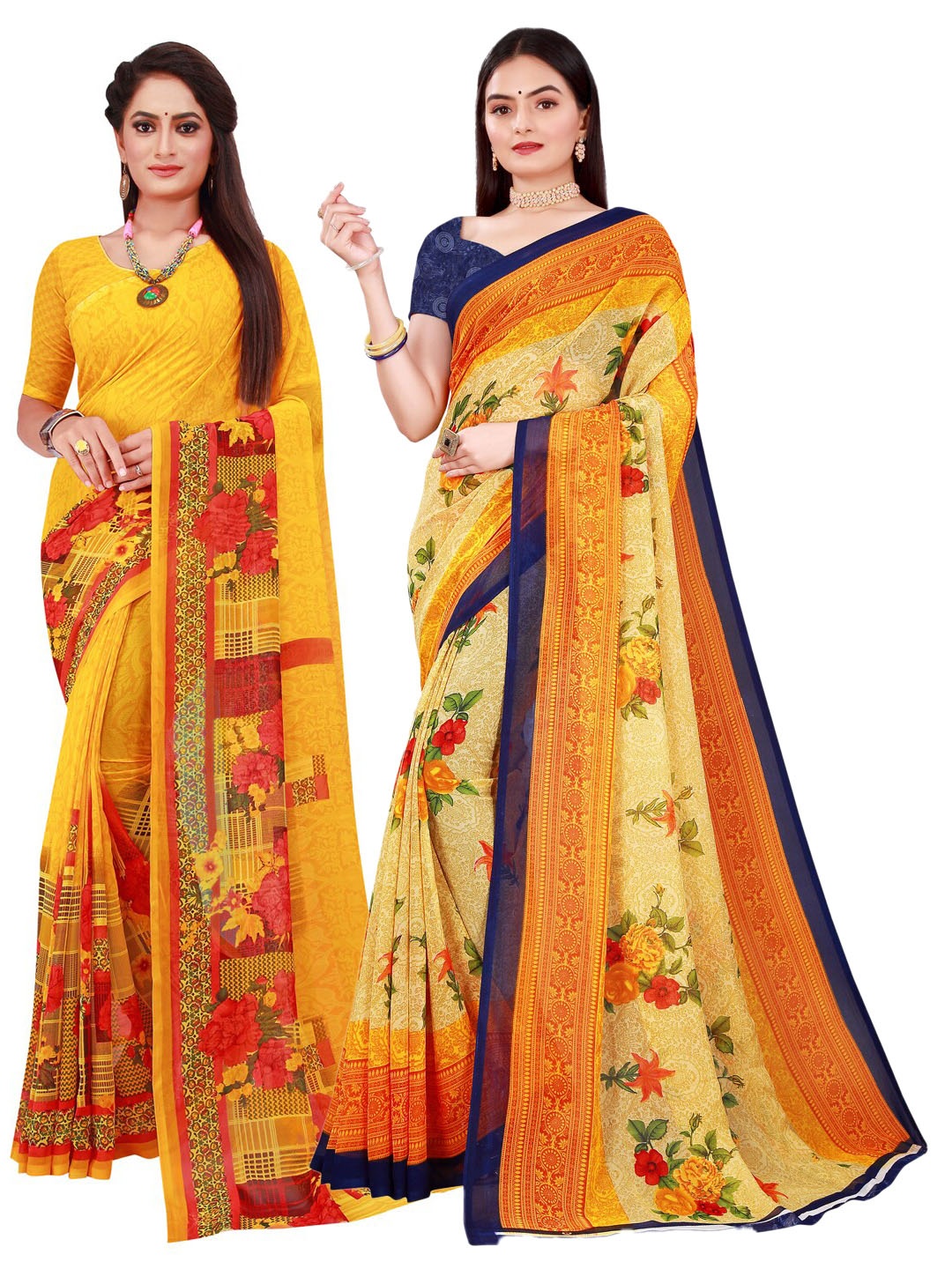 

SAADHVI Pack of 2 Beige & Yellow Floral Pure Georgette Saree