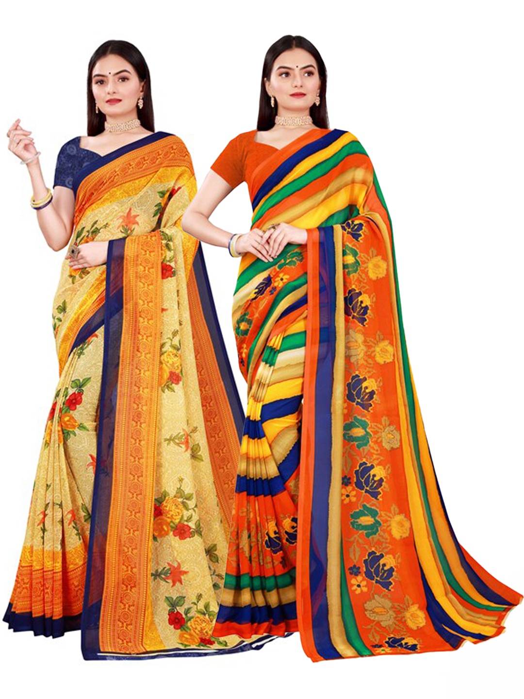 SAADHVI Pack of 2 Women Beige & Blue Pure Georgette Saree