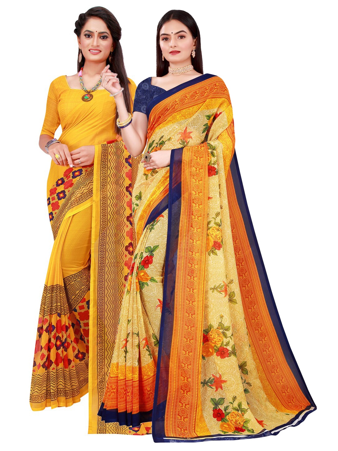 

SAADHVI Women's Set of 2 Georgette Beige And Yellow Printed Saree With Unstithed Blouse