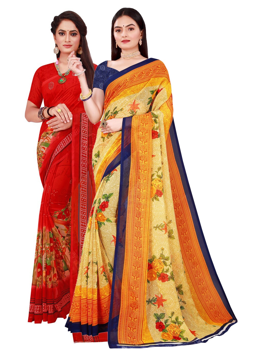 

SAADHVI Pack Of 2 Floral Pure Georgette Saree, Red