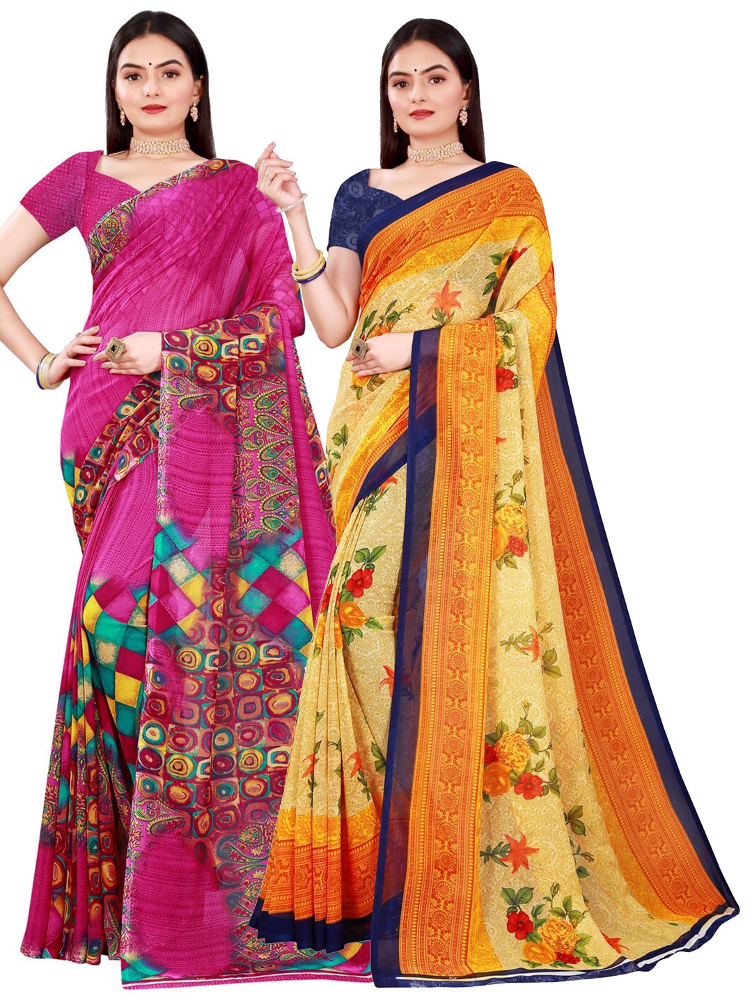 

SAADHVI Pack of 2 Pink & Yellow Floral Pure Georgette Saree