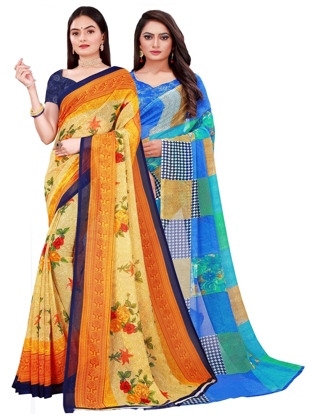 

SAADHVI Pack of 2 Blue & Beige Floral Pure Georgette Saree